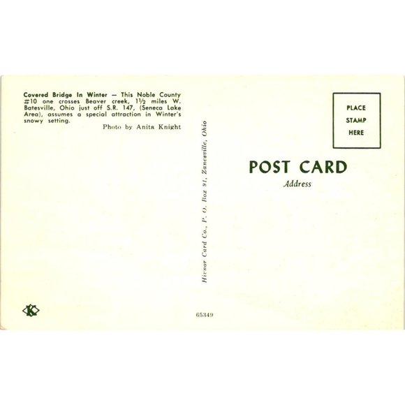 Snow Covered Bridge Postcard Noble County Ohio Beaver Creek Seneco Lake Vintage - Picture 2 of 2